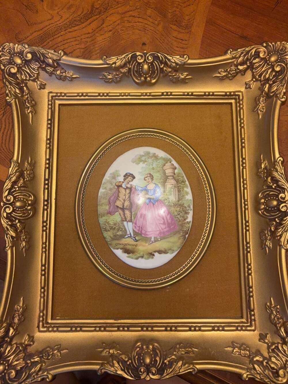 Vintage B&S Creations Fragonard Porcelain Plaque in Ornate Gold Frame